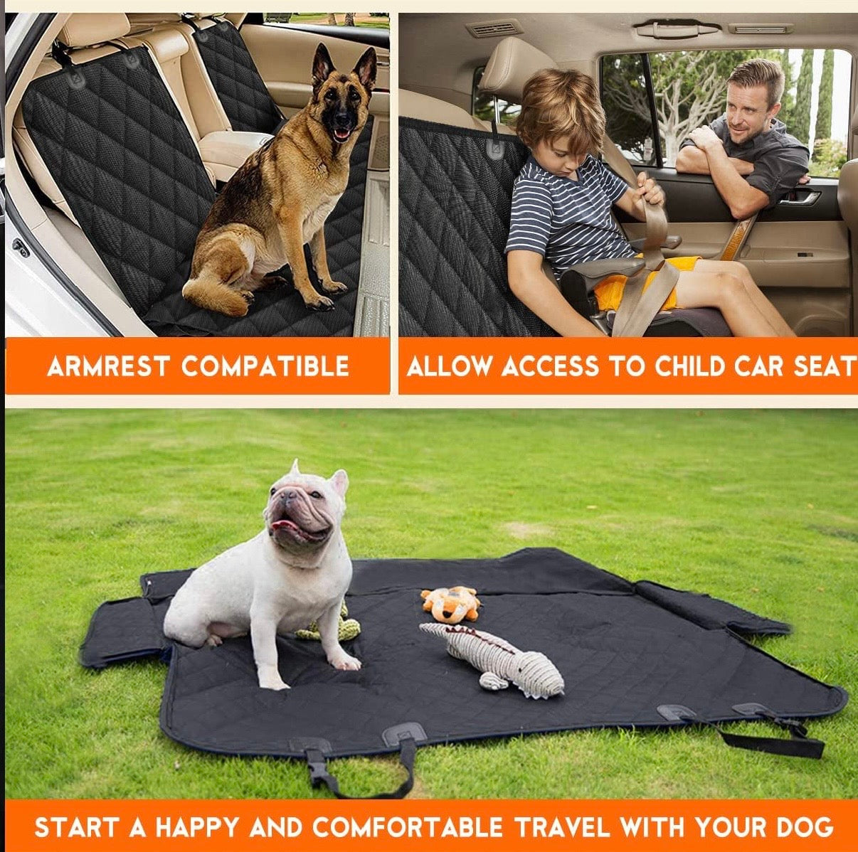 Dog Car Seat Cover, Back Seat Cover for Dogs Pet Car Seat Protector Waterproof Rear Seat Cover Durable Car Seat Cover, Fits Middle Armrest for Most Cars Suvs Trucks (53” Width)- Black