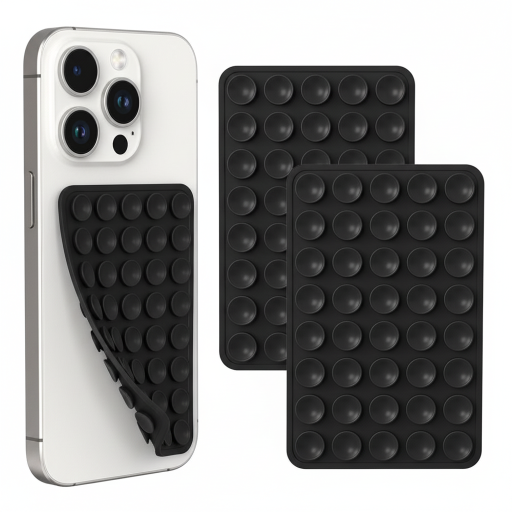 Black silicone suction cup phone grip and stand