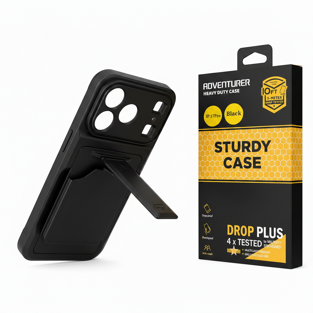 Heavy Duty iPhone 17 Pro Case with Wallet, Stand & Screen Protector shown with packaging